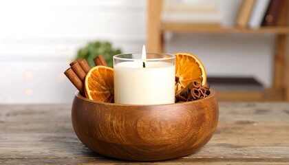 Scented candle in a wooden bowl