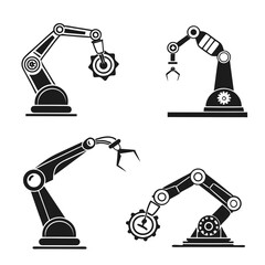 Four robotic arms with gears and claws industrial technology