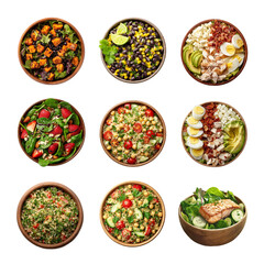 A vibrant assortment of healthy salads displayed in wooden bowls. Salad isolated on white background, Transparent Background