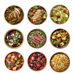 A vibrant display of various healthy and colorful salad bowls with fresh ingredients. Salad isolated on white background, Transparent Background