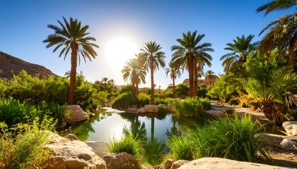 Oasis landscape bathed in sunlight