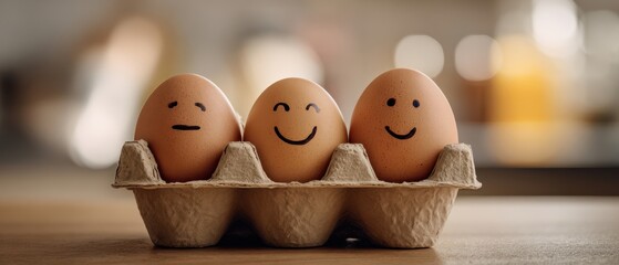 The cheerful eggs with expressive faces in an egg carton display.