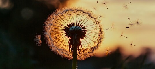 Naklejka premium Idyllic Dandelion Seeds Float Gracefully in the Breeze, Capturing the Ethereal Beauty of Nature