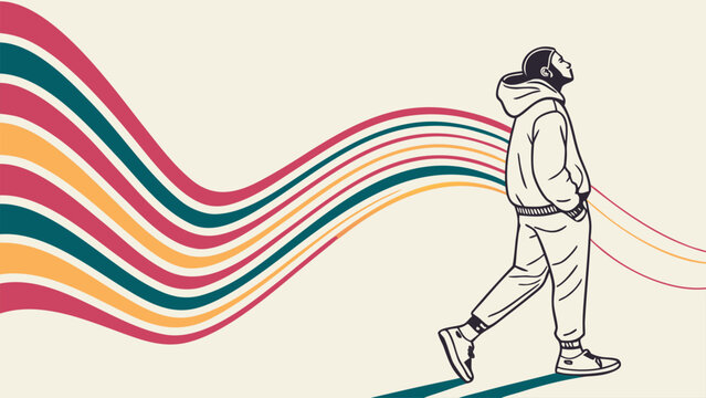 Person on a Journey of Self-Discovery: An illustration of a person strolling confidently amidst flowing, vibrant lines. Embracing simplicity and freedom, their gaze is directed upward.