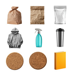 A collection of various packaging and materials for creative projects. Mockup isolated on white background, Transparent Background
