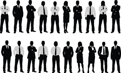 Professional business people silhouette illustration set with diverse poses, corporate attire, teamwork, leadership, office workers vector design collection.