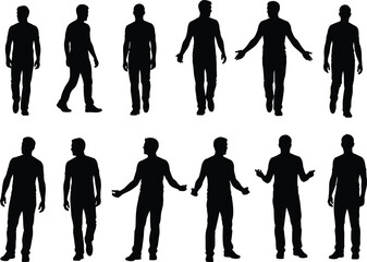 Silhouette illustration of men in casual clothing walking and gesturing with various poses, standing body posture vector design collection.