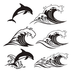 Naklejka premium Leaping dolphins and crashing ocean waves jumping