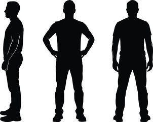 Silhouette illustration of three standing men in casual clothing with different poses, side and front view, isolated vector design.