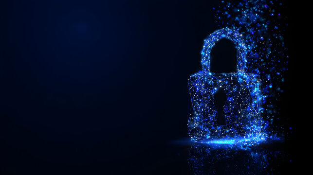 Digital lock formation, symbolizing cybersecurity and data protection in a dark background illuminated by blue particles during the night