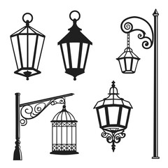 Ornate black lantern and candle holder silhouettes vector
