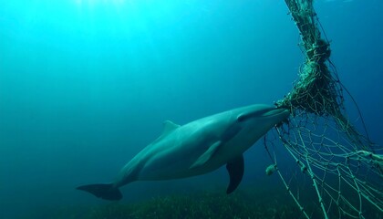 Dolphin entangled in plastic net underwater