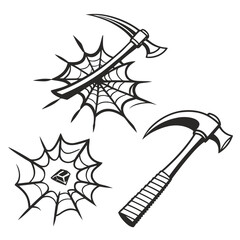 Pickaxe hammer and diamond in spiderwebs illustration