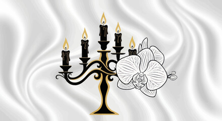 Elegant Black Candelabra with Five Lit Candles and Orchid Flower.