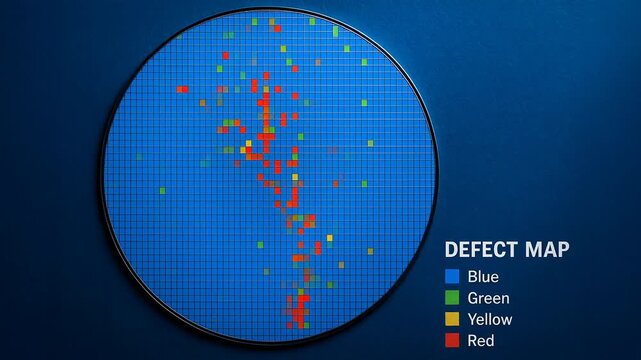Semiconductor industry production defect map with blue green squares wafer, quality control using blue green yellow red indicators for error locations