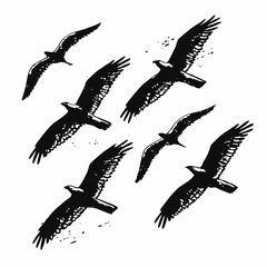 Six black birds in flight with grunge brush strokes vector