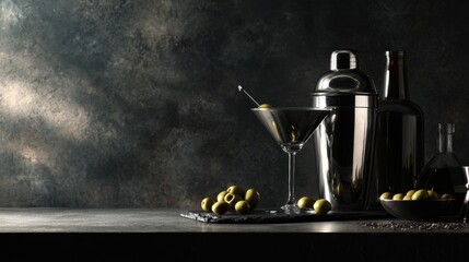 Elegant martini set with green olives and cocktail shaker on dark background