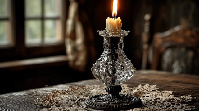 Vintage Candlelit Ambiance in Rustic Setting with Ornate Holder for Cozy Home Decor