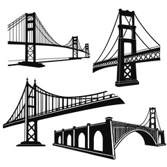 Suspension and arch bridge silhouettes suspension bridge black and white