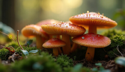 Fototapeta premium Bright orange-red mushrooms on forest floor, covered with dew, smooth caps illuminated by sunlight, yellow stems above moss and greenery – perfect for nature, autumn, and forest visuals
