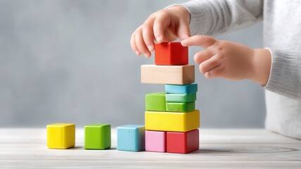 Kid concentrating on stacking colorful wooden building blocks, developing fine motor skills learning creativity through playful
