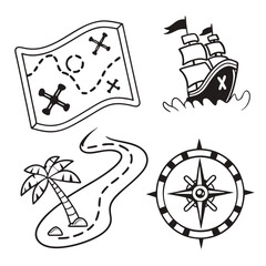 Treasure map icons ship compass palm tree path vector