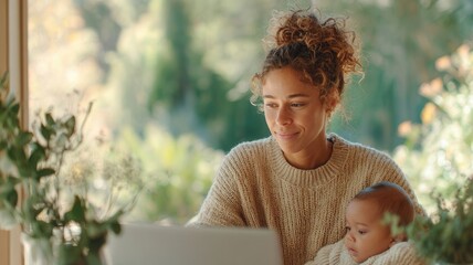Mother working from home on her laptop while cradling her baby, balancing family life and remote work in setting cozy living room