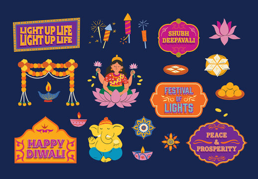 Colorful Diwali Sticker Set with Diyas, Rangoli, Firecrackers, & Hindu Deities for Indian Festivities 