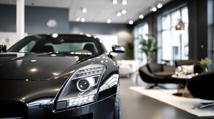 Medium shot focusing on a cars glossy exterior with stylish furniture and subtle decorative lighting creating an inviting showroom atmosphere