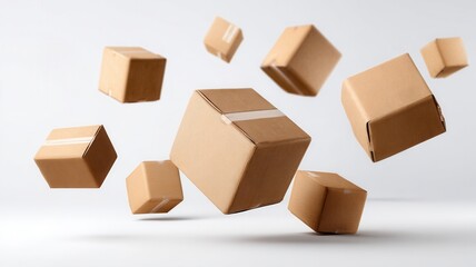 Fototapeta premium Four closed cardboard boxes taped shut are floating against a white background, creating a dynamic of image shipping and delivery