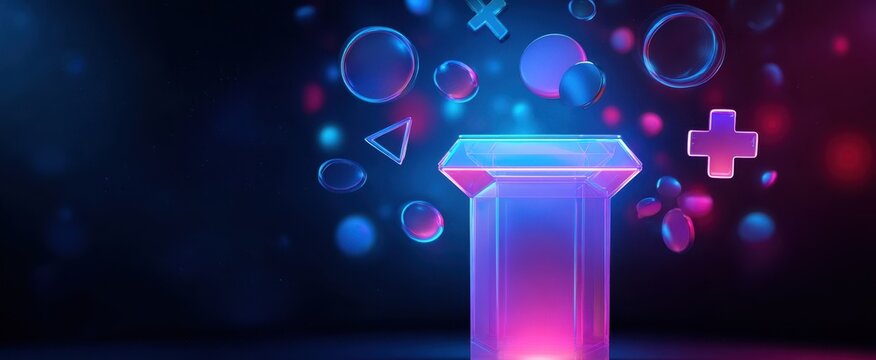 The Neon Glass Pedestal Surrounded by Floating Geometric Shapes and Futuristic Icons - Powered by Adobe