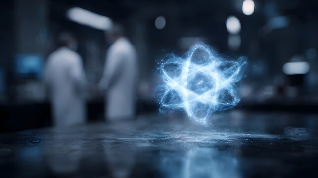 Glowing atomic model visualization hovering in a futuristic laboratory
