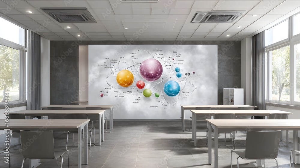 Aufkleber a modern classroom features a large science mural illustrating atomic particles and planetary orbits