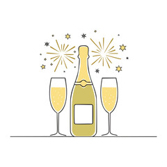 Champagne bottle and glasses with festive fireworks celebration