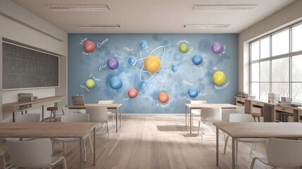 A modern classroom adorned with a vibrant atomic structure mural showcasing scientific concepts