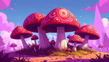 Fantastical forest scene with large red mushrooms