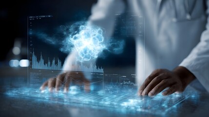 Scientist interacts with futuristic holographic display of medical data