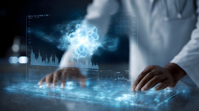 Scientist interacts with futuristic holographic display of medical data