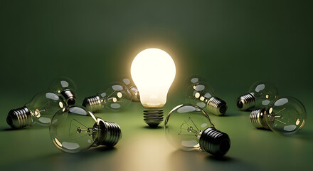 Bright glowing light bulb illuminates a circle of broken incandescent bulbs symbolizing innovation...