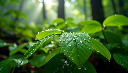 Dew-kissed leaves in a misty forest