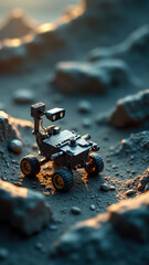 Tiny robotic rover exploring exotic landscape. - metaphor of automated space exploration.