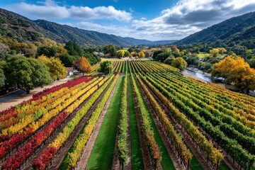 Colorful Autumn Vineyard Rows and Valley Landscape