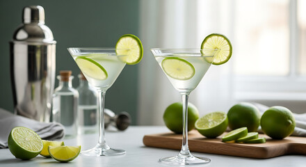 Two refreshing gin cocktails garnished with lime slices and served with fresh limes and a cocktail shaker
