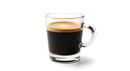 A tall clear glass mug filled with dark rich espresso coffee topped with a creamy golden crema on a...