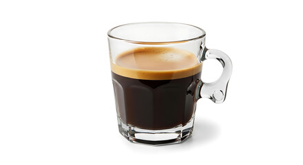 A tall clear glass mug filled with dark rich espresso coffee topped with a layer of golden crema on a white background