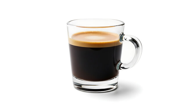 A tall clear glass mug filled with dark rich espresso coffee topped with a creamy golden crema on a white background - Powered by Adobe
