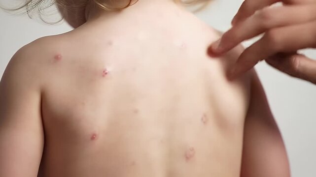Close Up of Toddler's Back with Red Patches and Sores Skin Condition and Viral Infection with Health Professional Inspection in Bright Indoor Lighting and Clean White Background and Hygiene