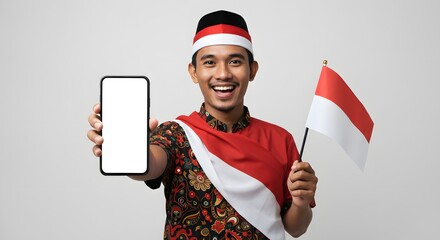 Happy Indonesian Man Holding Phone and Flag