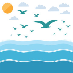 Teal birds fly over blue ocean waves under orange sun and clouds flying water