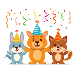 Three cartoon animals wearing party hats and celebrating with confetti celebration